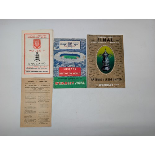 228 - Trio Vintage Programmes - Wales V England 53 With Song Sheet, England Vs rest of The World 1963, Ars... 