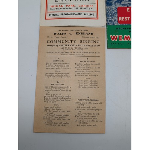 228 - Trio Vintage Programmes - Wales V England 53 With Song Sheet, England Vs rest of The World 1963, Ars... 