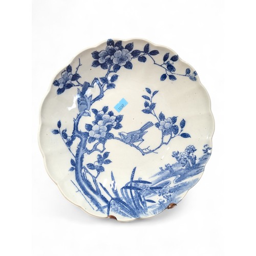 255 - A Large 19C 28cm Japanese Blue and White Lobed Plate Decorated  Birds in Flowering Branches Double B... 