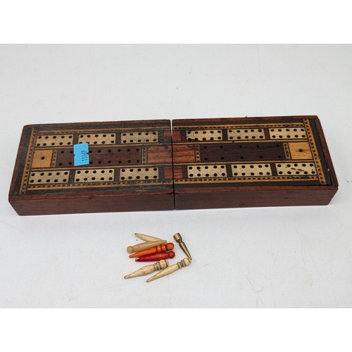 393 - Antique Inlaid Cribbage Board Box Plus Antique Miniature Bone & Ebony Miniature Double Six Dominos S... 