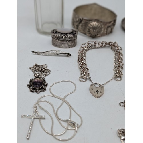 480 - Mixed Group White Metal, Bracelets, necklaces, trinket Pots, Bangles, Charm bracelets. Some marked 8... 