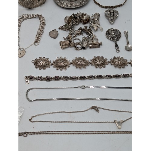 480 - Mixed Group White Metal, Bracelets, necklaces, trinket Pots, Bangles, Charm bracelets. Some marked 8... 