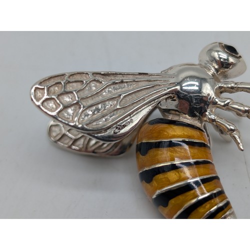 485 - Excellent Saturno Silver & Enamel Honey Bee Pair - Largest 20x36x32mm Medium 35x17x27mm