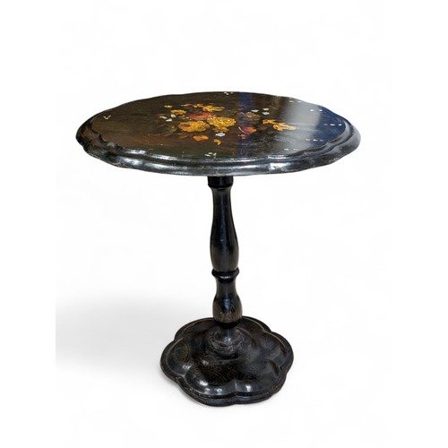 46 - Victorian Papier Mache / Ebonised Tilt Top Table, With Attractive Hand Painted Floral Top With Mothe... 