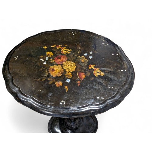 46 - Victorian Papier Mache / Ebonised Tilt Top Table, With Attractive Hand Painted Floral Top With Mothe... 