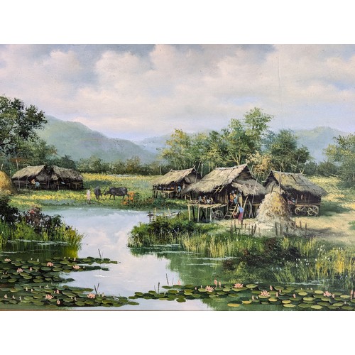 136 - Large Oil Painting - South East Asian Village - Signed Diane Lower Left - 105x71cm