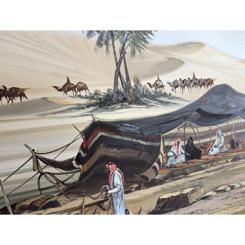 132 - Large Oil On Canvas, Arabian Desert Scene - Signed Lower Right Indistinct 87 90x60cm