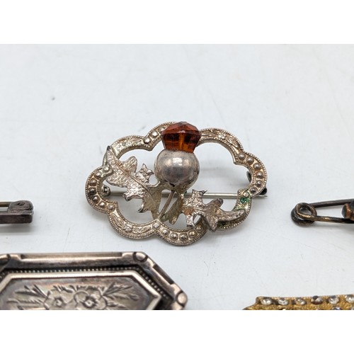 493 - Group 6 Antique Brooches Including Amber Thistle Silver Brooch, Enamelled Bird Bar Brooh Etc