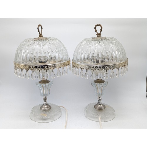 176 - Pair Cut Glass Droplet Bedside Table Lamps - Good Order