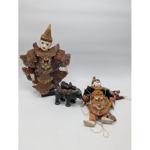 231 - Small Collectable Group Indonesian Thai Burmese Marionette Dolls Plus Cast Iron Elephant Money Bank