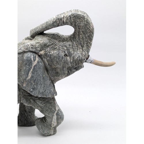 190 - Large & Impressive Green / Grey Carved Elephant Statue, Very Heavy and Impressive. Tusks Crudely Att... 