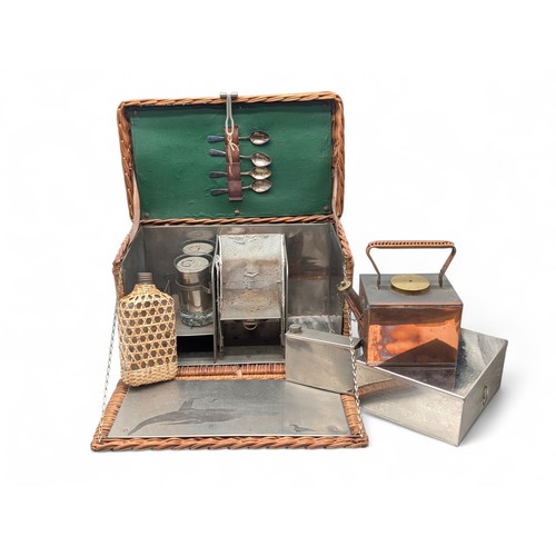 230 - Early 20C Wicker Picnic Set - Copper Kettle, Wicker Covered Flask Etc Attractive Thing !