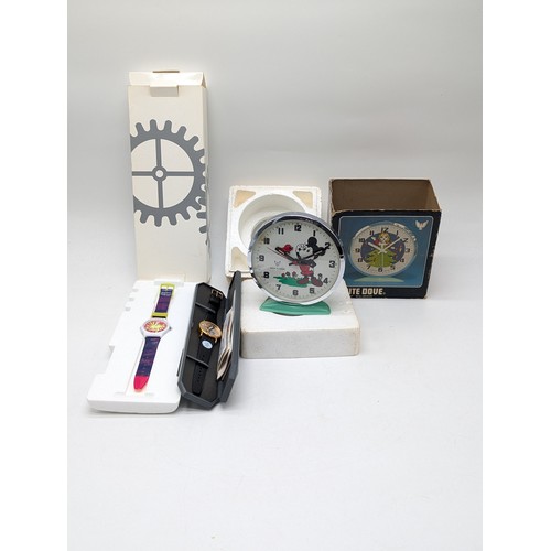 258 - A White Dove Mickey Mouse Alarm Clock In Original Box, Along with Boxed New Socks the First Cat Watc... 