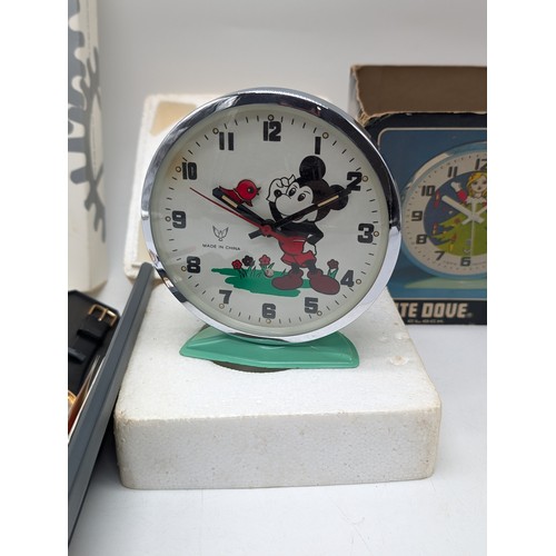 258 - A White Dove Mickey Mouse Alarm Clock In Original Box, Along with Boxed New Socks the First Cat Watc... 