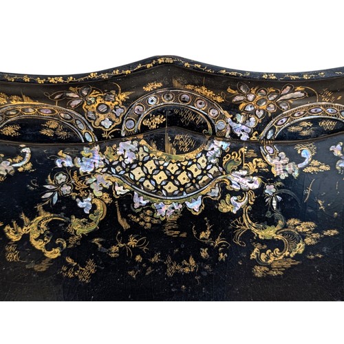 197 - Superb Victorian Paper Mache Tray, Gilt & Black Lacquer With Mother of Pearl Inlay Intricate Design ... 