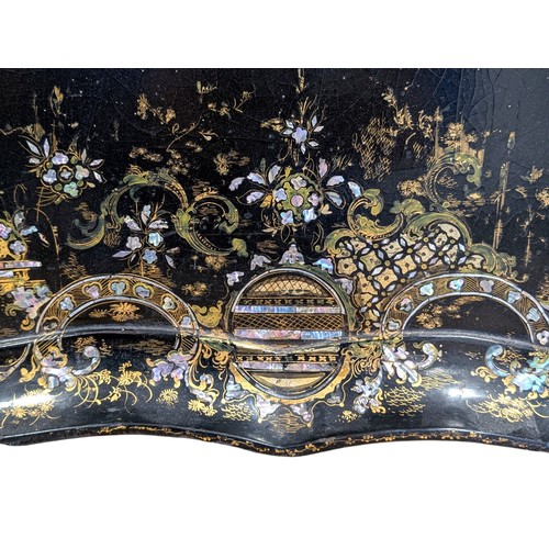 197 - Superb Victorian Paper Mache Tray, Gilt & Black Lacquer With Mother of Pearl Inlay Intricate Design ... 