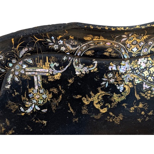 197 - Superb Victorian Paper Mache Tray, Gilt & Black Lacquer With Mother of Pearl Inlay Intricate Design ... 