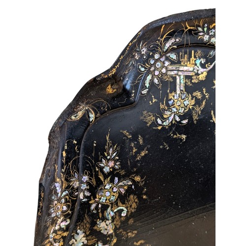 197 - Superb Victorian Paper Mache Tray, Gilt & Black Lacquer With Mother of Pearl Inlay Intricate Design ... 