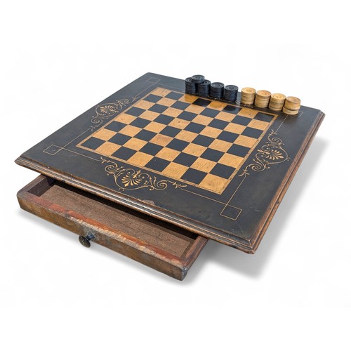 274 - Antique Likely Late 19C Draughts / Chess Board Raised on Small Bun Feet, With Attractive Inlaid Desi... 