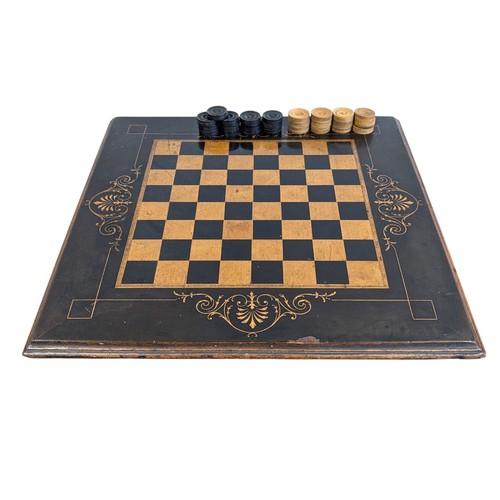 274 - Antique Likely Late 19C Draughts / Chess Board Raised on Small Bun Feet, With Attractive Inlaid Desi... 