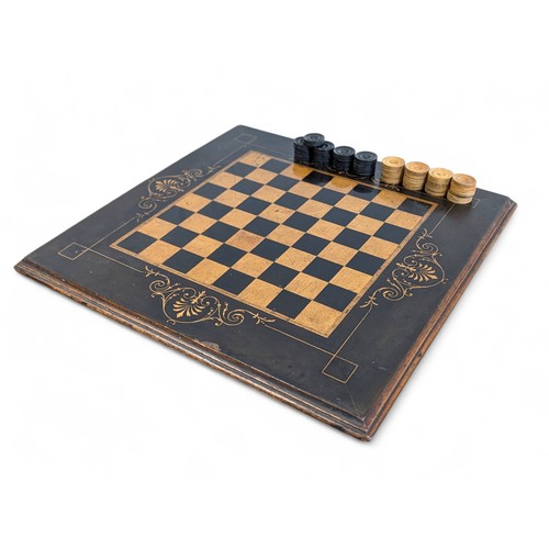 274 - Antique Likely Late 19C Draughts / Chess Board Raised on Small Bun Feet, With Attractive Inlaid Desi... 