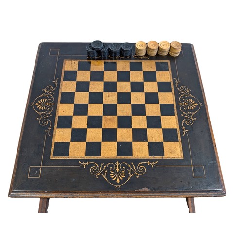 274 - Antique Likely Late 19C Draughts / Chess Board Raised on Small Bun Feet, With Attractive Inlaid Desi... 