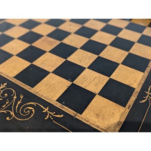 274 - Antique Likely Late 19C Draughts / Chess Board Raised on Small Bun Feet, With Attractive Inlaid Desi... 