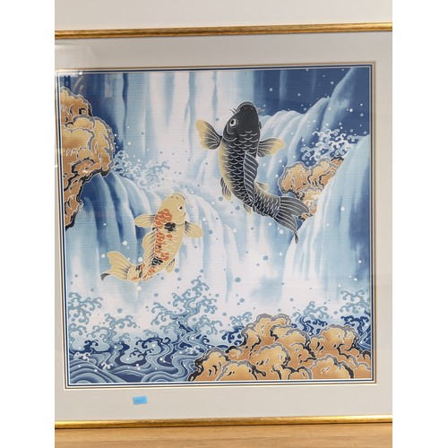 115 - Japanese Cotton Cloth Bento Box Jumping Carp - Framed & Glazed 63x63cm