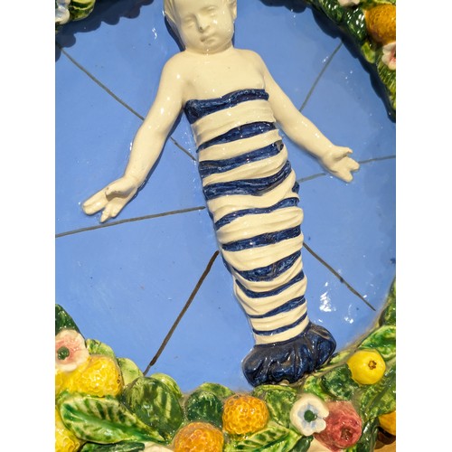 51 - A Large Impressive 40cm Della Robbia Italian Pottery Wall Plaque In Exceptional Condition