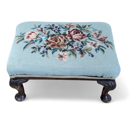 4 - Antique Mahogany Well Carved Footstool With Attarctive FLoral Cushion