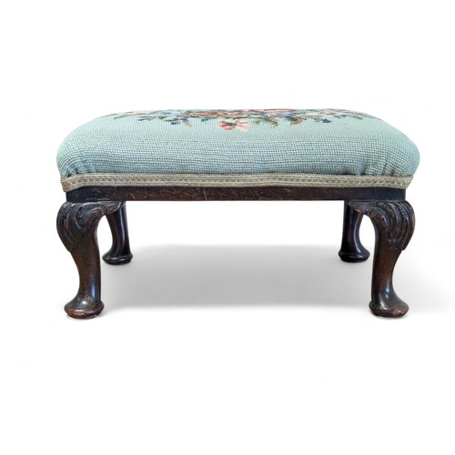 4 - Antique Mahogany Well Carved Footstool With Attarctive FLoral Cushion