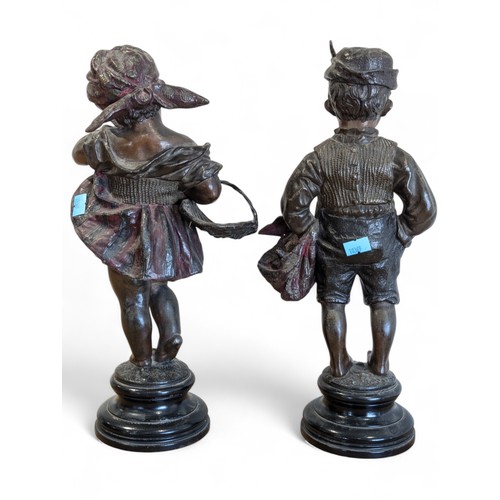 188 - After Josef Lorenzl - Bronze 37cm Girl & Boy Cold Painted Statue Pair On Turned Ebony Stands