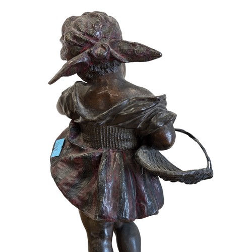 188 - After Josef Lorenzl - Bronze 37cm Girl & Boy Cold Painted Statue Pair On Turned Ebony Stands