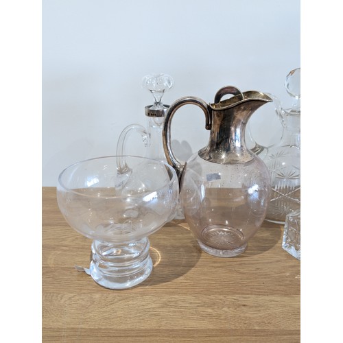 57 - Good Group Cut Glass / Decanters / Vessels Including Silver Rimmed Lobed Decanter Plus Mappin & Webb... 