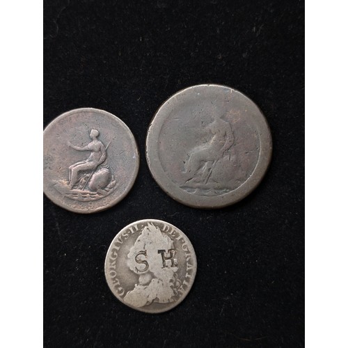 235 - Trio English Coinage - Cartwheel Penny Pair - George 1758 Silver Shilling Marked S H