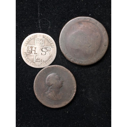 235 - Trio English Coinage - Cartwheel Penny Pair - George 1758 Silver Shilling Marked S H