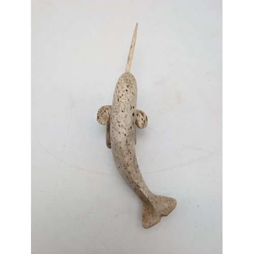 209 - Unusual Inuit Bone Carved Sculpture Depicting A Narwhal - Maximum Width 8