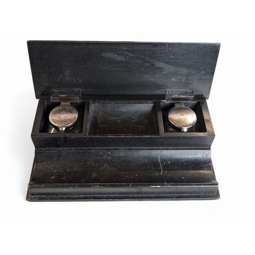 207 - Group Two Antique Desk Tidy, Inkwell, Good Bundle Ebonised One Marked to Top of Inkwells SO 44 12