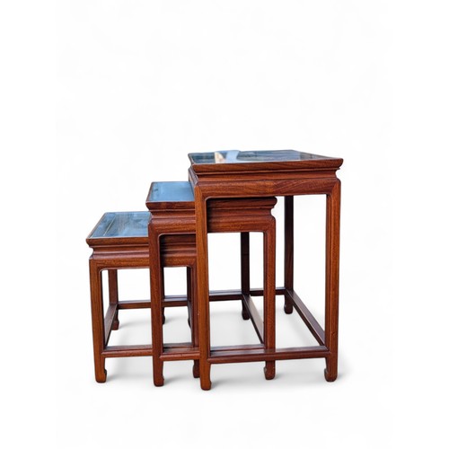 47D - Attractive Set 3 Hardwood Carved Top Chinese Nest of Tables, All With Good Condition Glass Tops - La... 