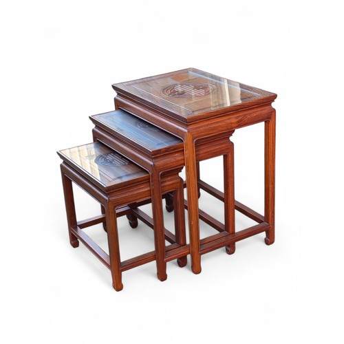 47D - Attractive Set 3 Hardwood Carved Top Chinese Nest of Tables, All With Good Condition Glass Tops - La... 