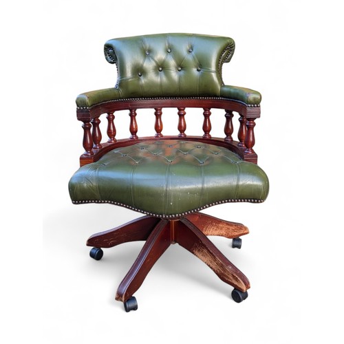 47E - Attractive Green Leather Revolving Captains Chair - Overall Good Order, Some Marks to Revolving Base... 