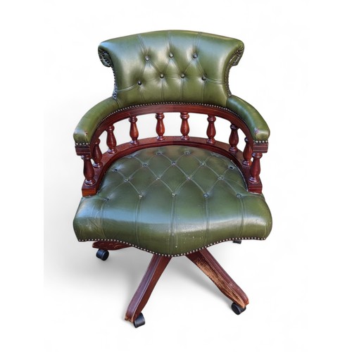 47E - Attractive Green Leather Revolving Captains Chair - Overall Good Order, Some Marks to Revolving Base... 