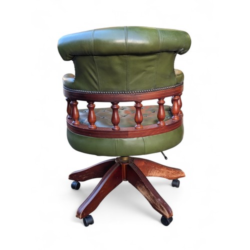 47E - Attractive Green Leather Revolving Captains Chair - Overall Good Order, Some Marks to Revolving Base... 