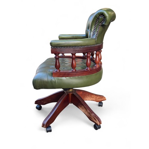 47E - Attractive Green Leather Revolving Captains Chair - Overall Good Order, Some Marks to Revolving Base... 