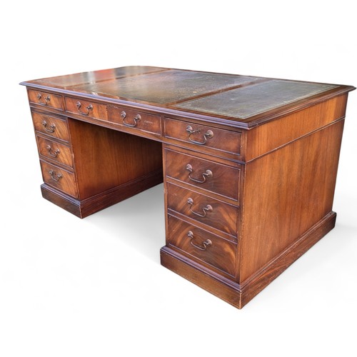 47F - Large Kneehole Pedestal Partners Desk With Three Green Leather Baize Panels, 4 Drawers Over 2 Larger... 