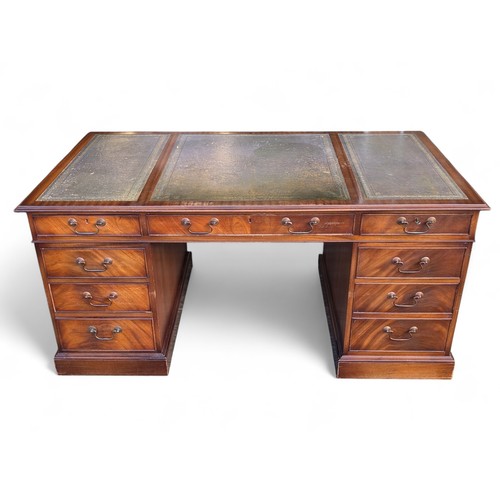 47F - Large Kneehole Pedestal Partners Desk With Three Green Leather Baize Panels, 4 Drawers Over 2 Larger... 