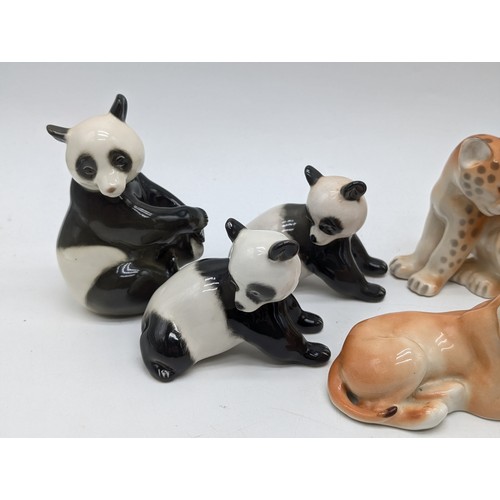 72A - Lomonosov USSR Ceramics Group - (9) Including Pandas, Lions, Tiger, Cheetah Etc All in Good Order