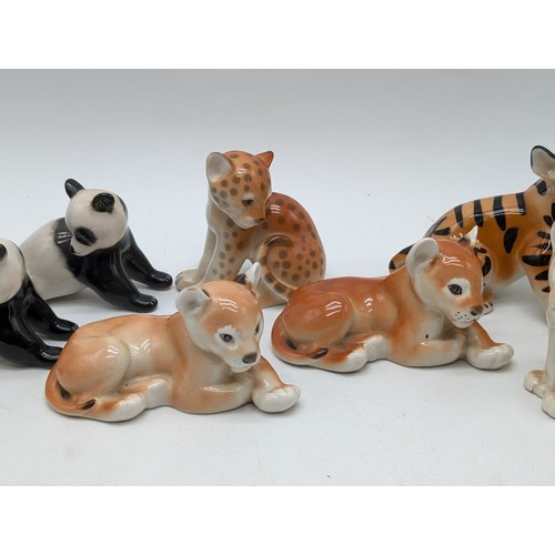 72A - Lomonosov USSR Ceramics Group - (9) Including Pandas, Lions, Tiger, Cheetah Etc All in Good Order