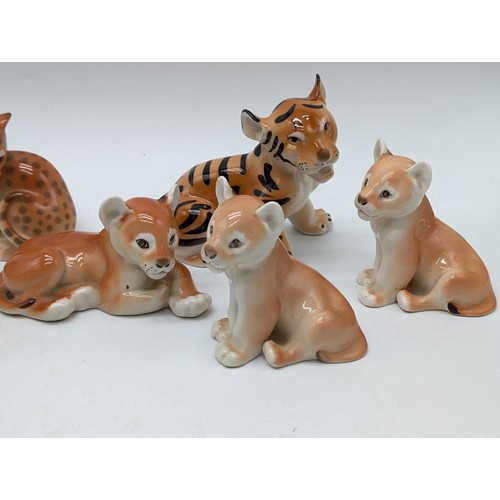 72A - Lomonosov USSR Ceramics Group - (9) Including Pandas, Lions, Tiger, Cheetah Etc All in Good Order