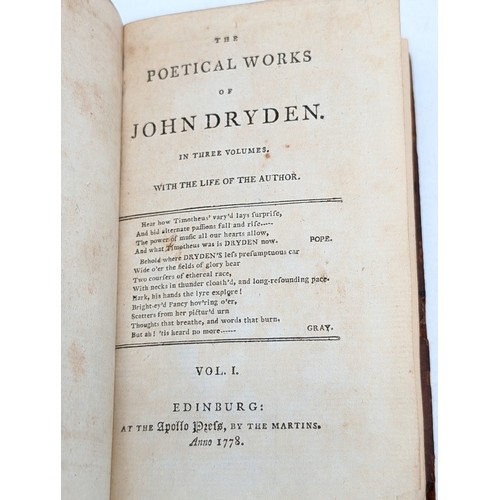 459K - 18th Century Group (3) Vol I.II.III Of The Poetical Works of John Dryden. All Dated 1778 on Period P... 